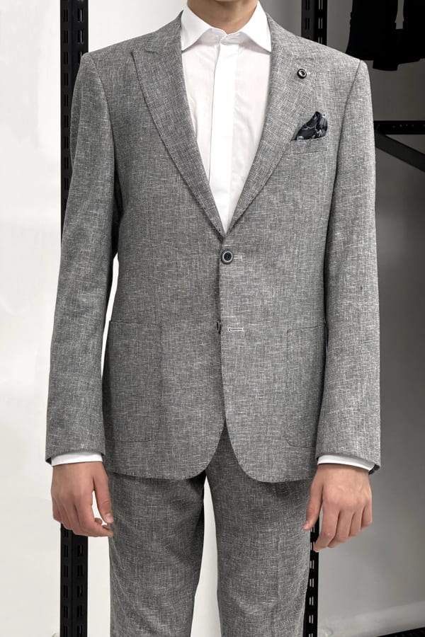 Açık Gri %100 Keten Sivri Yaka Slim Fit 2'li Takım Elbise (Ceket + Pantolon) — 2