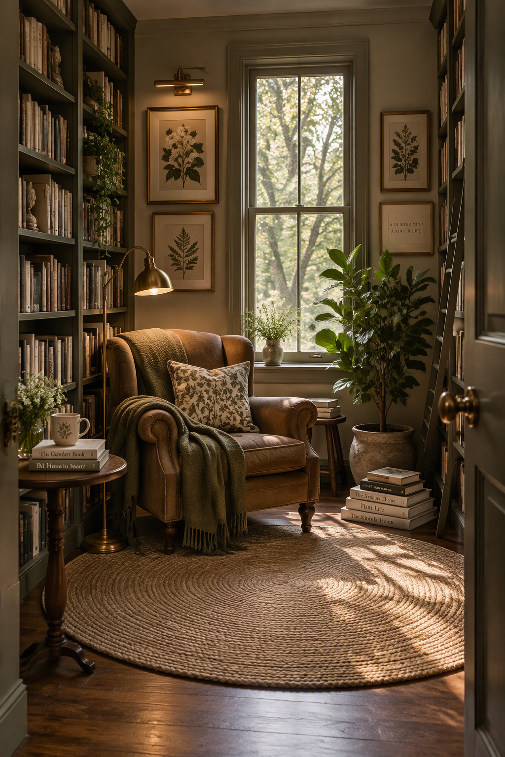 Tiny reading room with floor-to-ceiling bookshelves and vintage armchair
