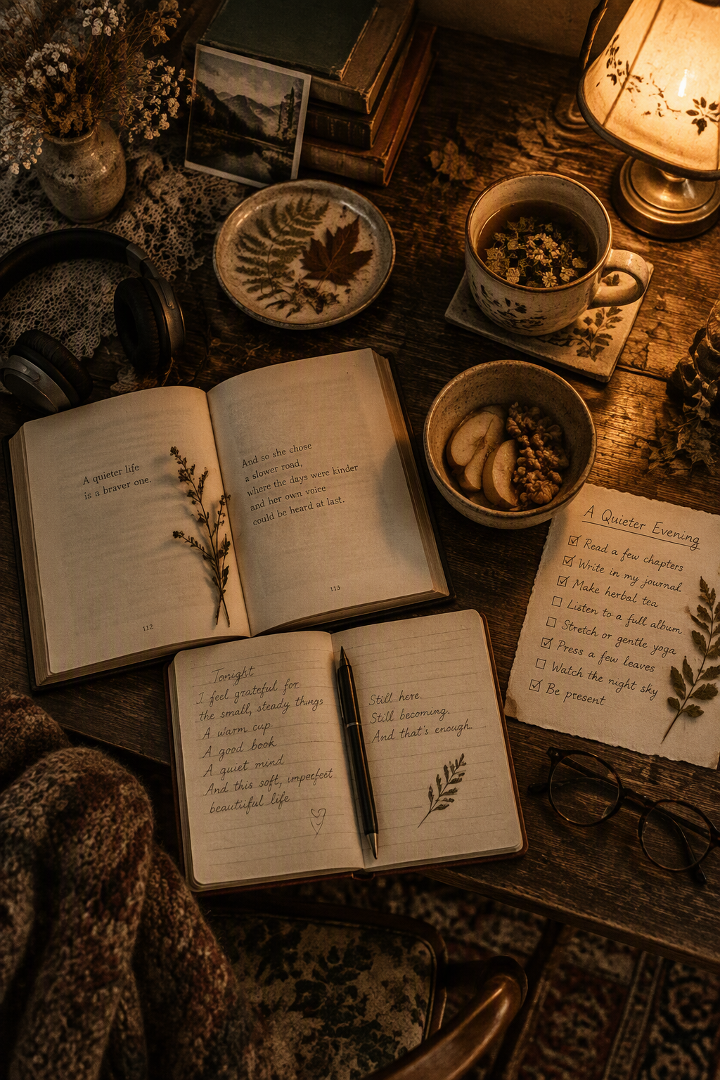 Cozy introvert evening with a novel, journal and herbal tea