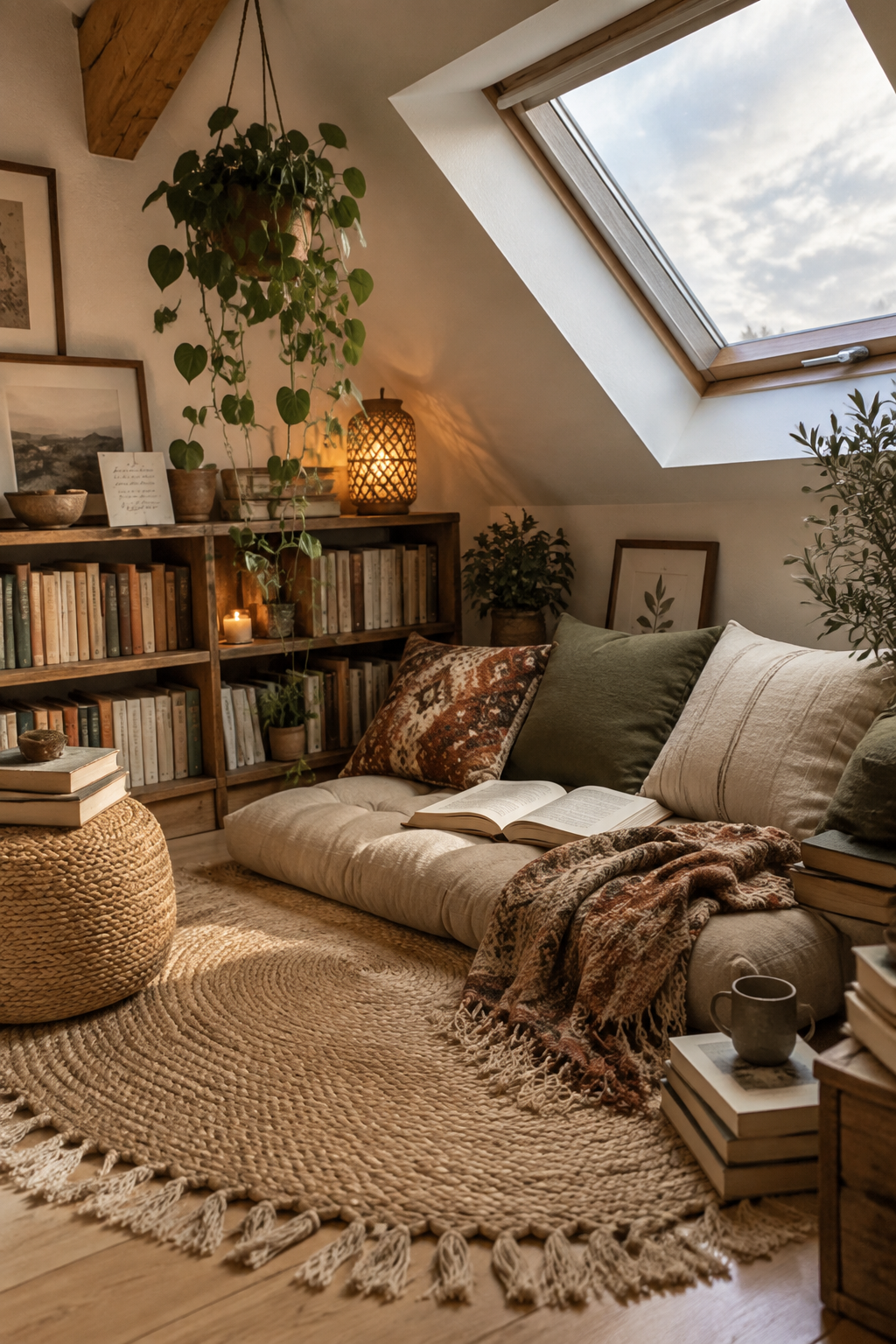 Bohemian attic reading corner with skylight, cushions and books
