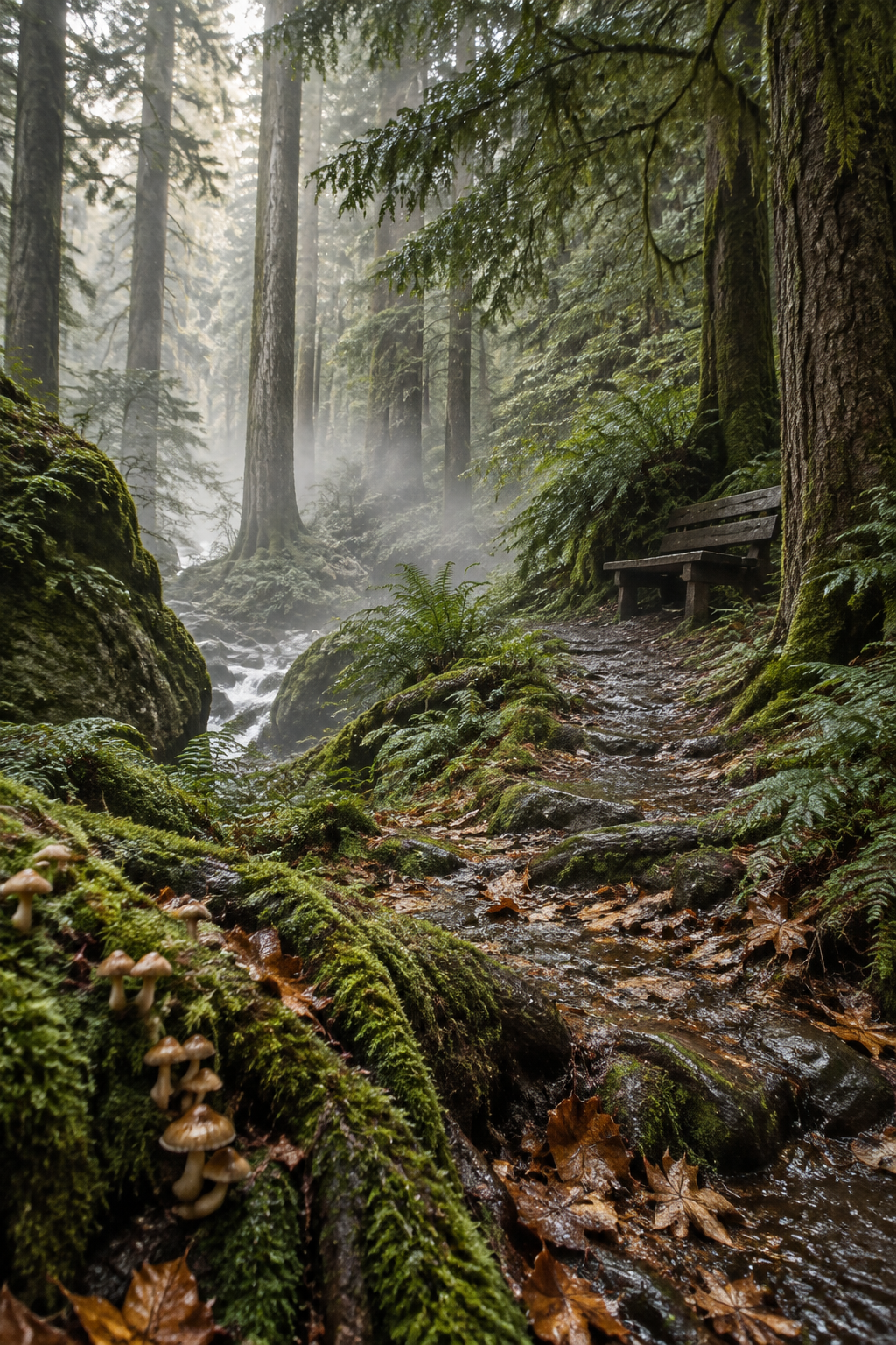 Misty forest trail after rain with ferns and mushrooms