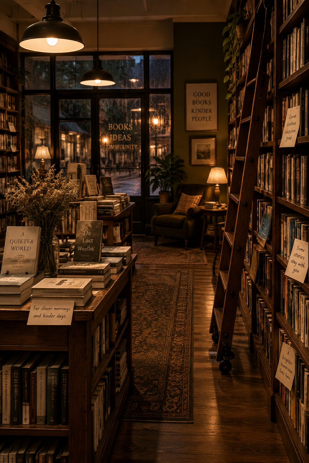 Independent bookstore after closing with warm lights and a reading chair