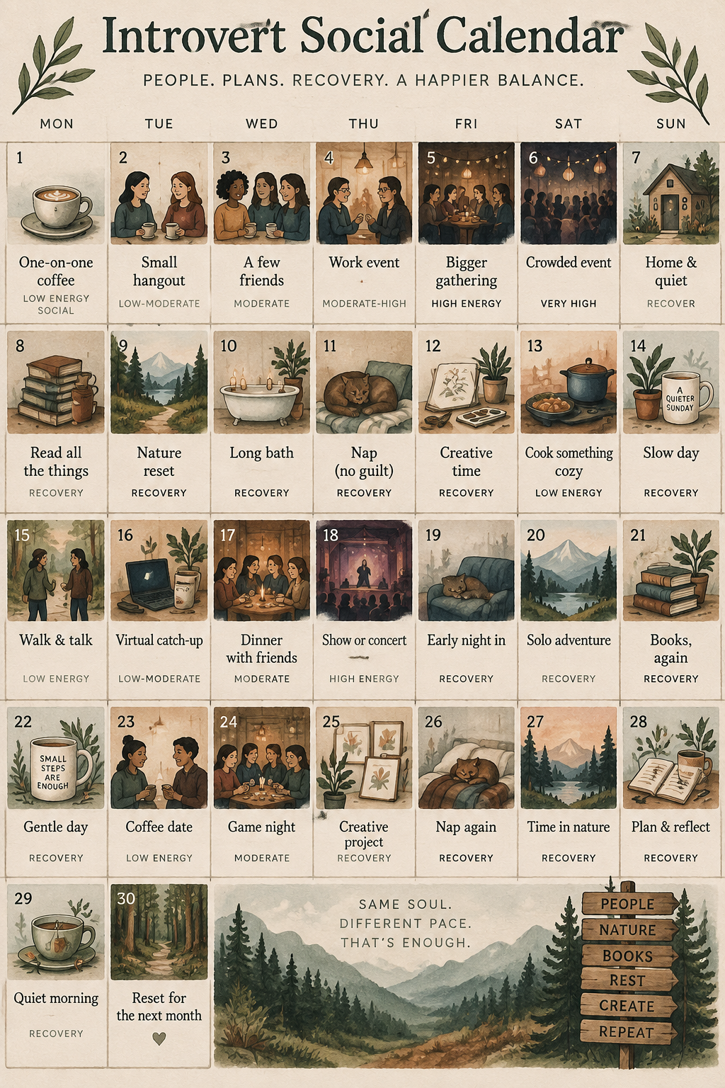 Introvert social calendar showing energy levels by day