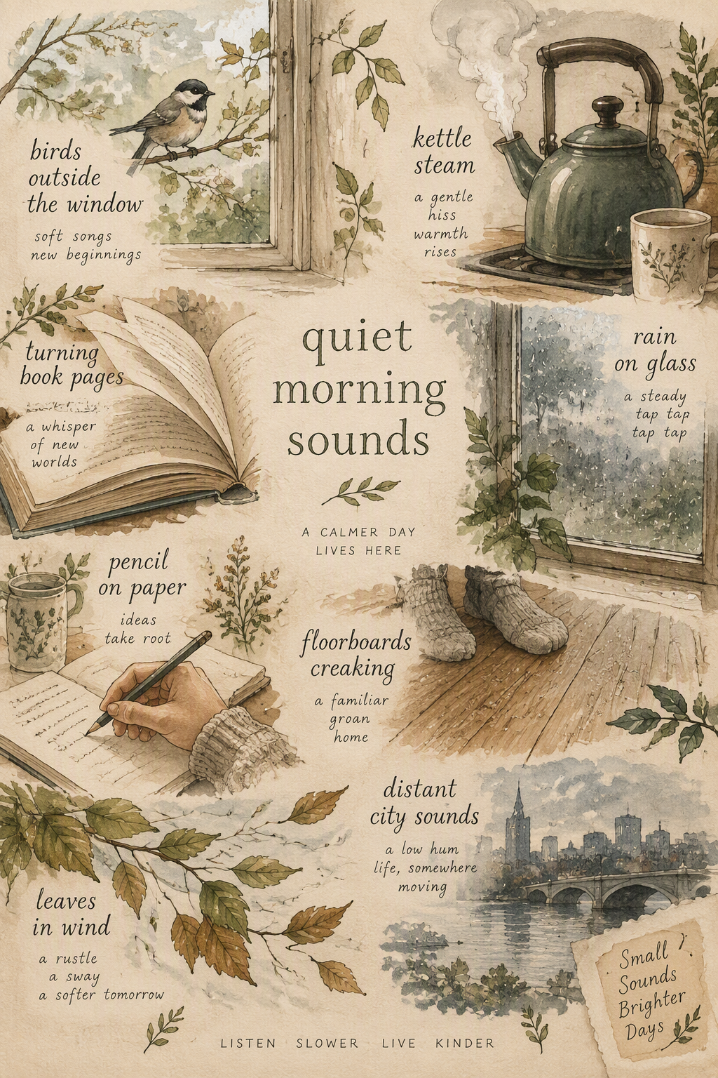 Quiet morning sounds: kettle, rain and turning pages