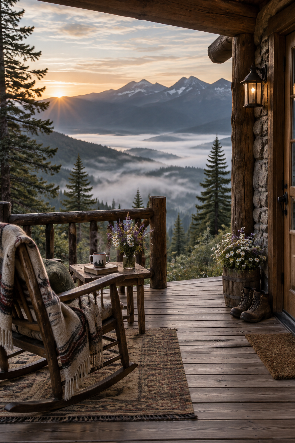Mountain cabin porch at dawn above a misty valley