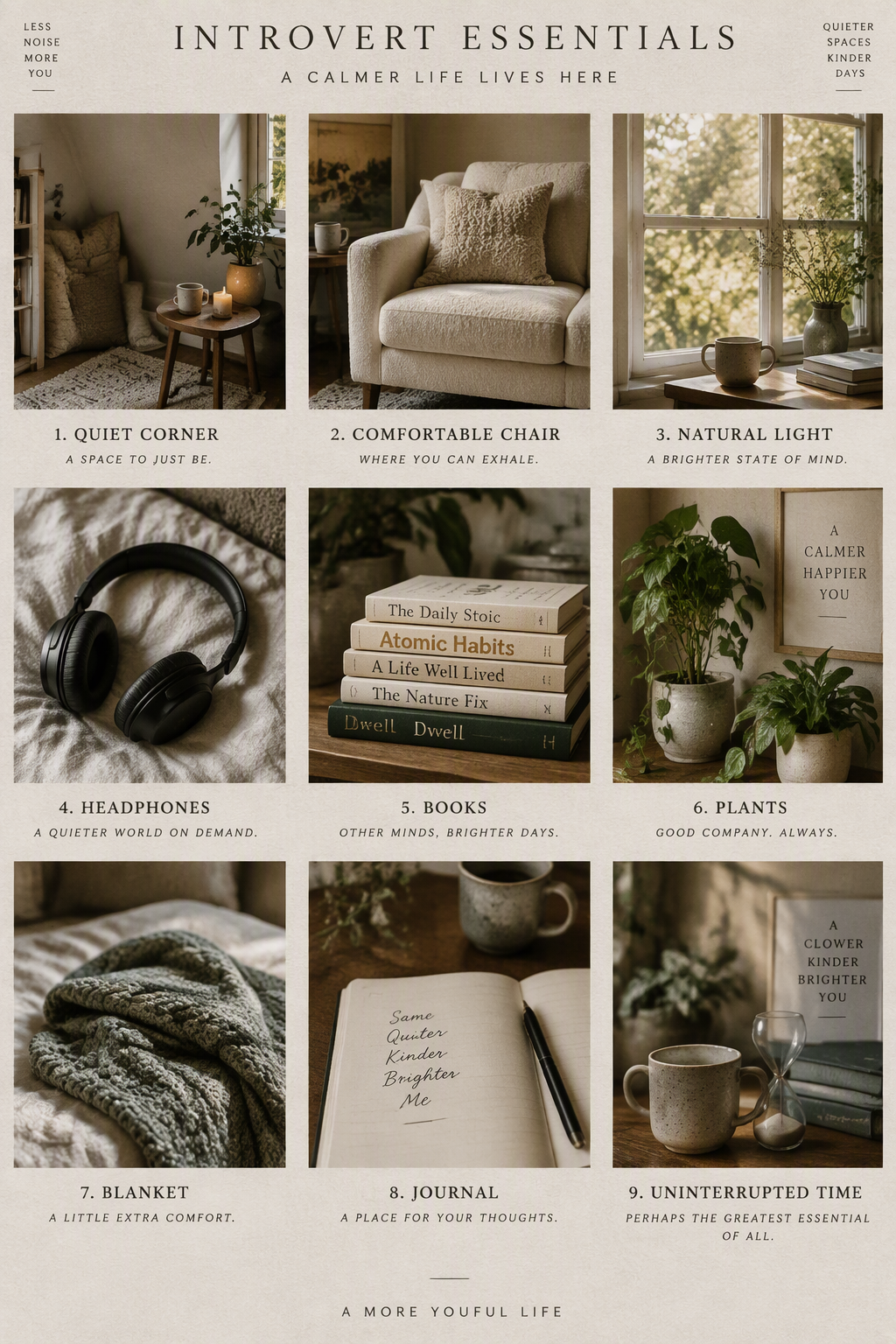 Introvert essentials: quiet corner, books, plants and blanket
