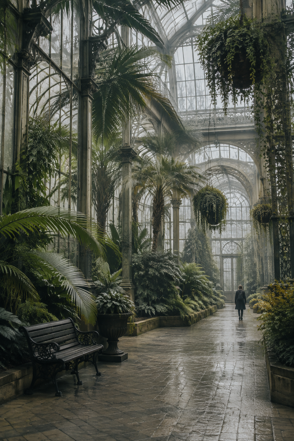 Old botanical conservatory with palms and misted glass
