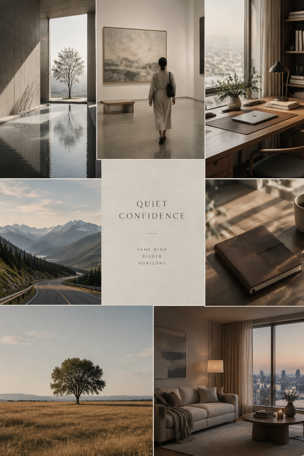 Quiet confidence mood board with a gallery walk and a tidy desk