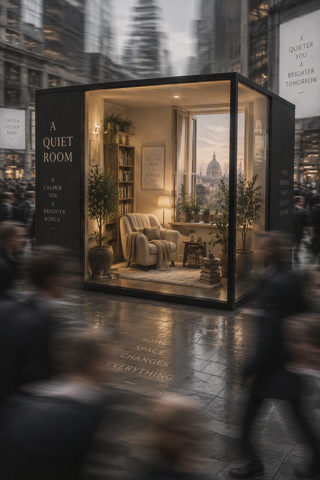 A glowing quiet room in the middle of a motion blurred crowd