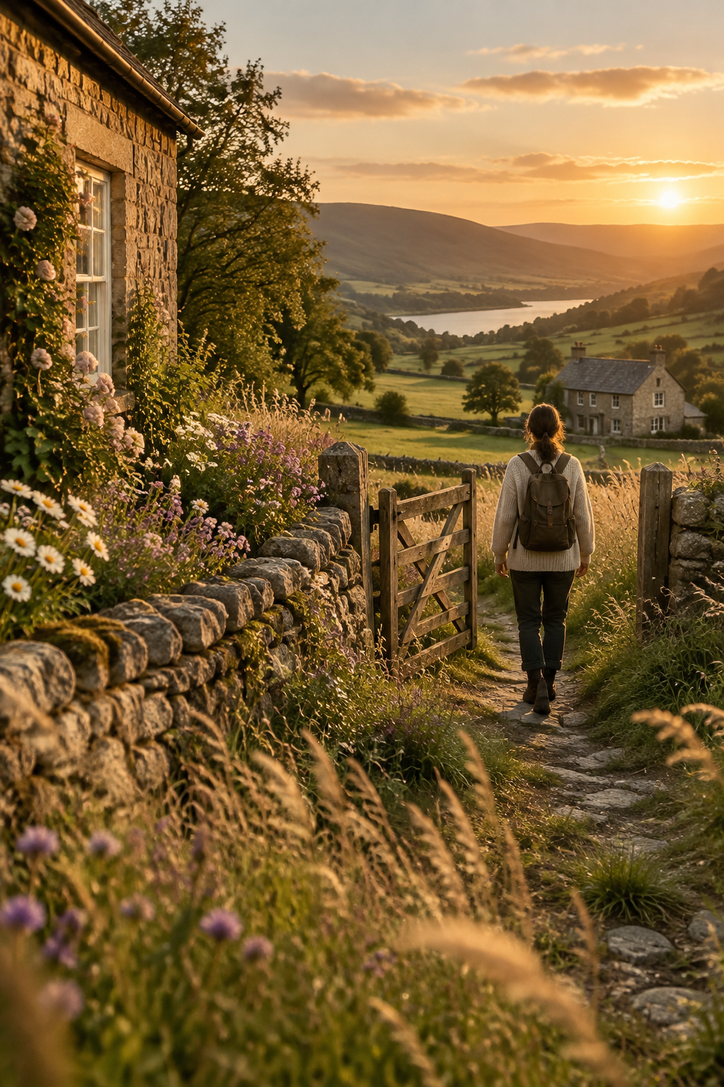 Countryside cottage path at golden hour with wildflowers