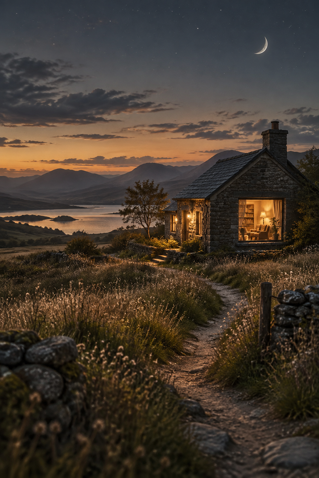 A quiet house glowing at twilight with a reading corner inside