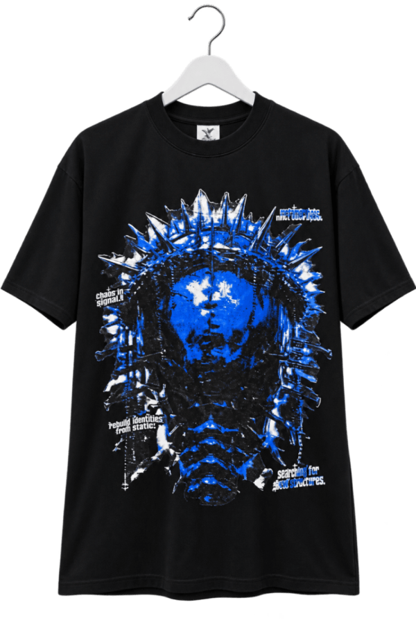 Blue Spiked Face Graphic Oversized T-Shirt
