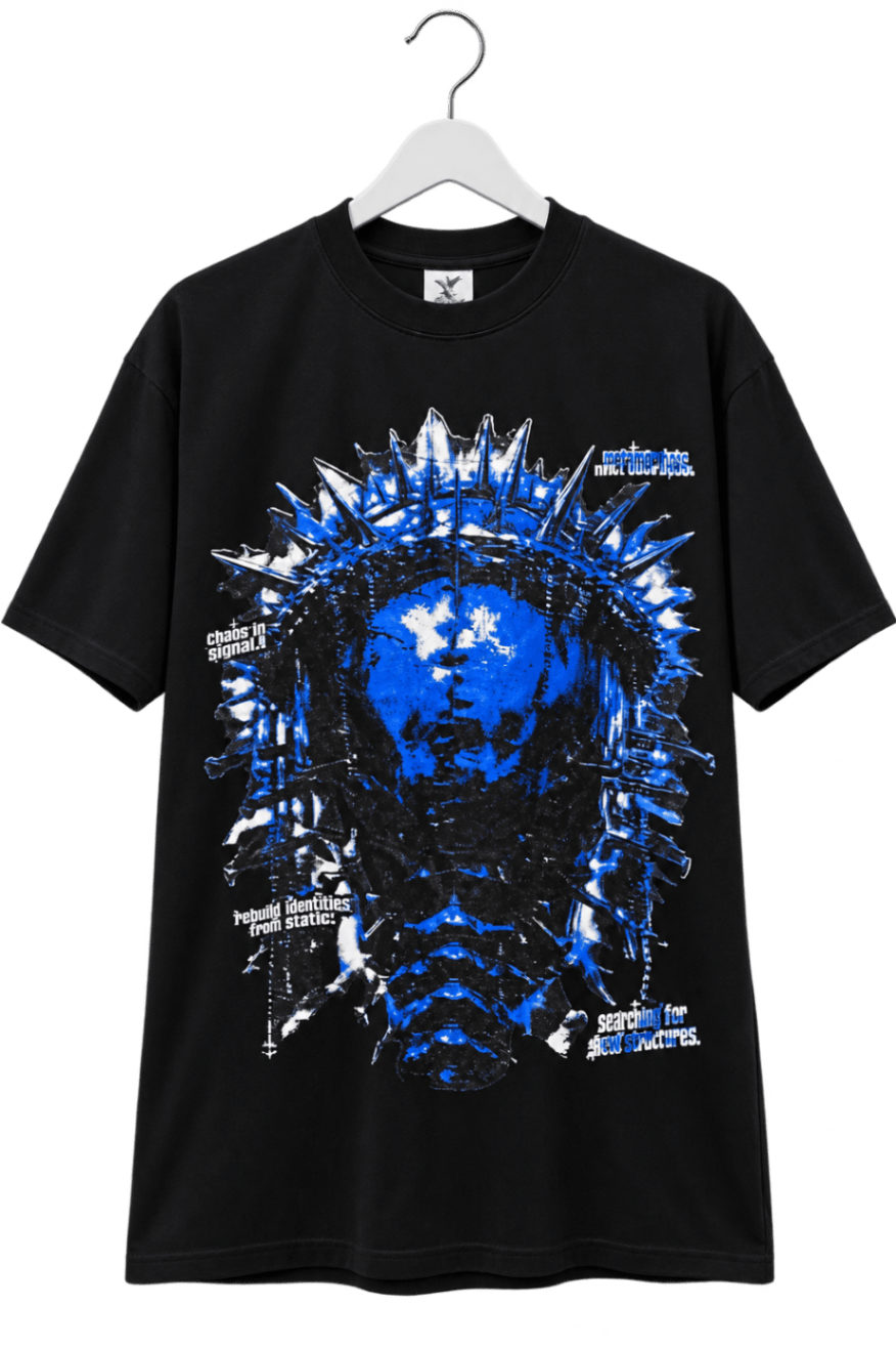 Blue Spiked Face Graphic Oversized T-Shirt