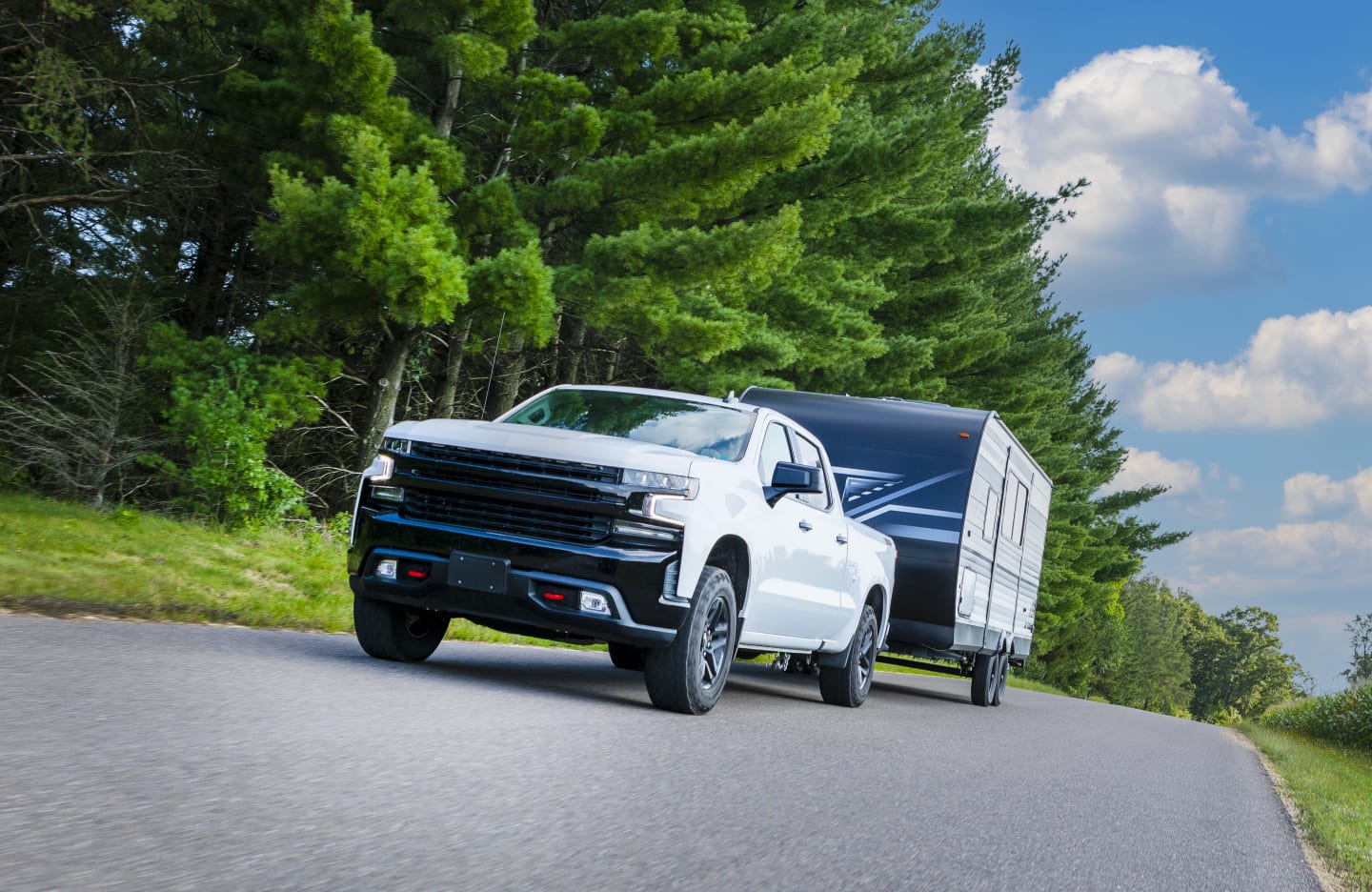 Truck Towing Travel Trailer Forest Road