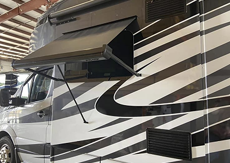 The Girard fully encased RV window awning features a pull down strap for easy use with your RV.