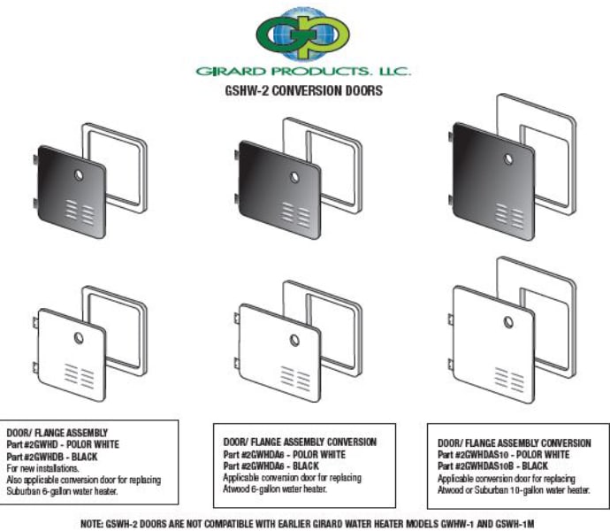 Girard tankless RV water heaters feature unique and innovative hinged doors for easy access.