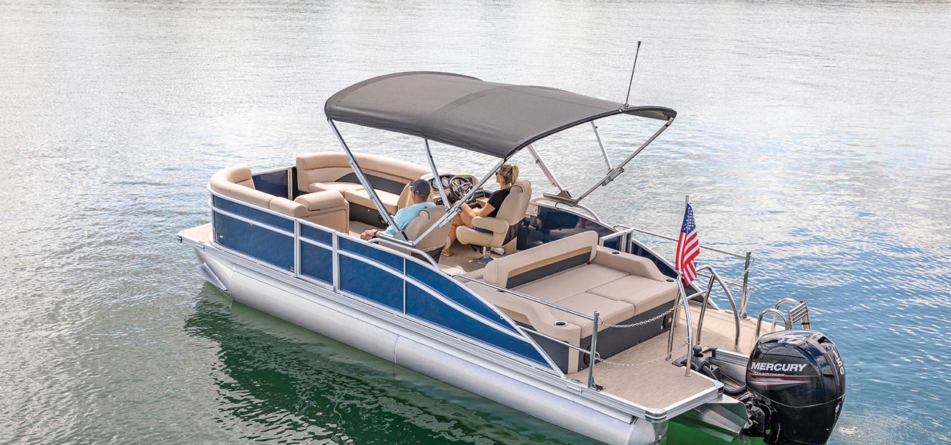 Pontoon Boat with a SureShade Power Bimini Top