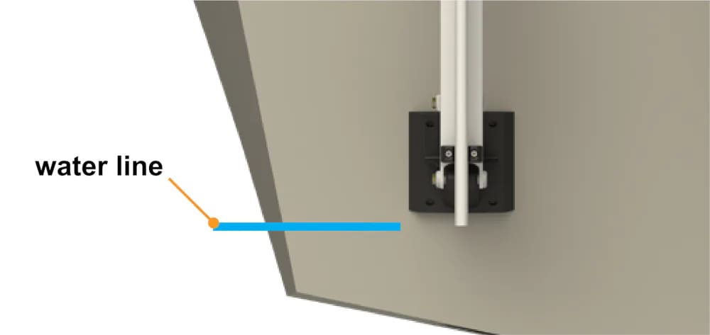 Diagram showing the bottom of a Lewmar transom mounting bracket above the water line