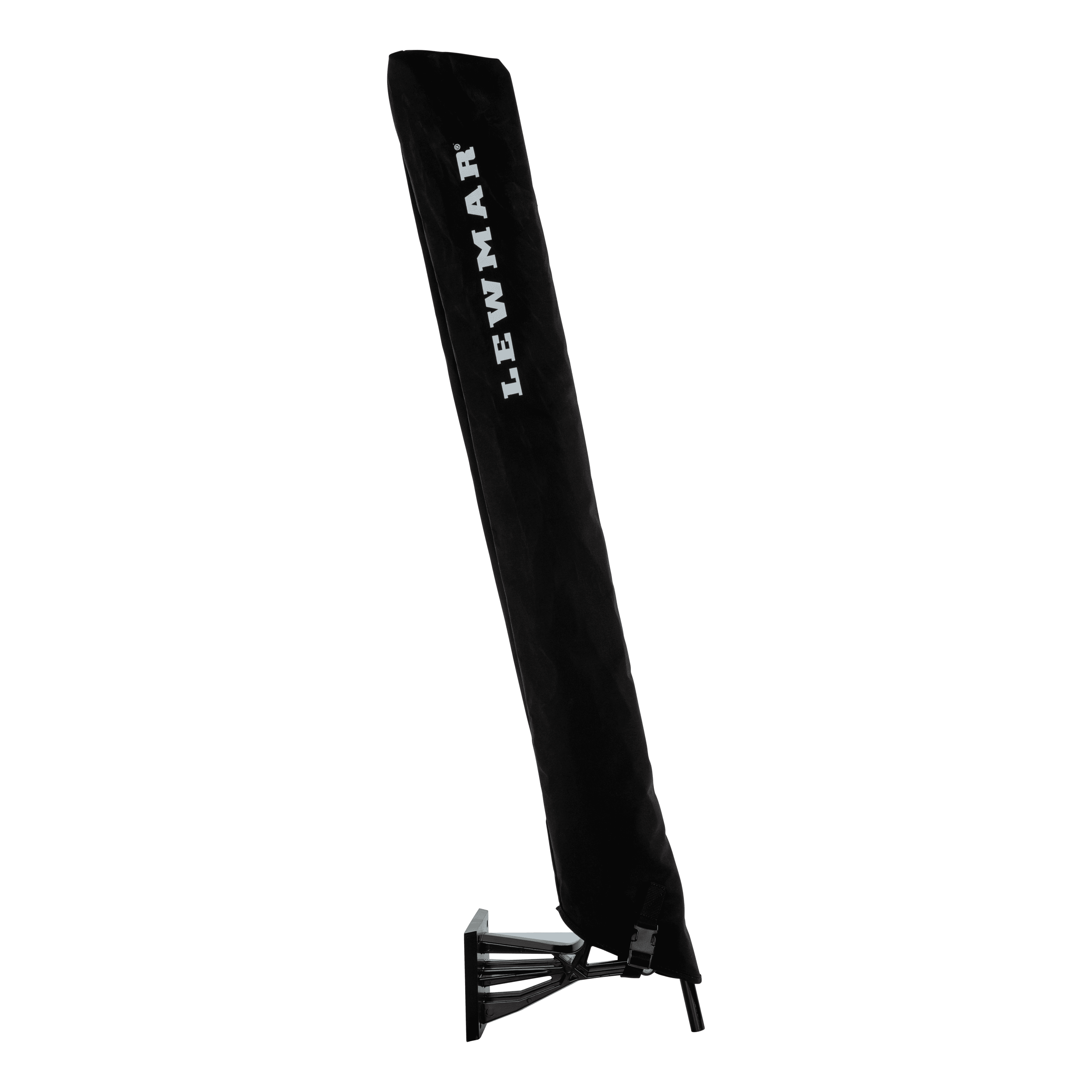 Lewmar 6' shallow water anchor cover in black Sunbrella fabric fitted over a retracted anchor