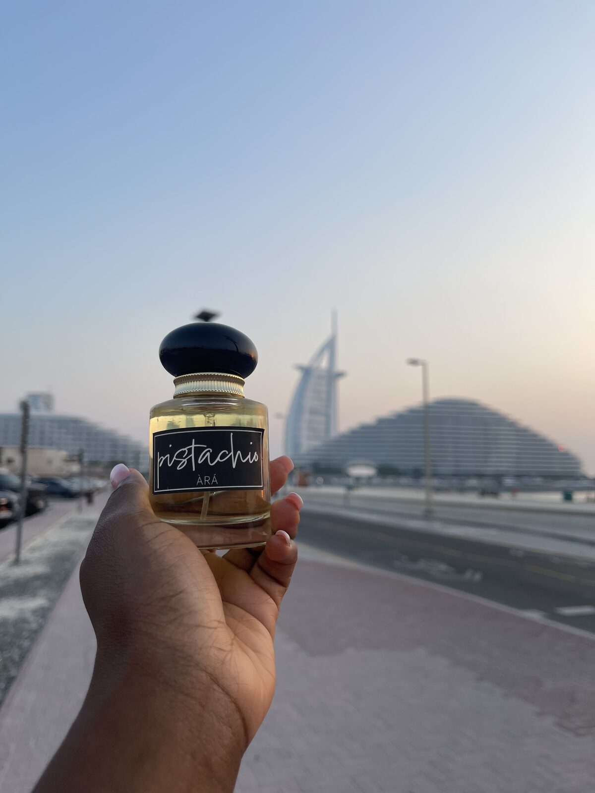 Pistachio held up against Dubai's skyline