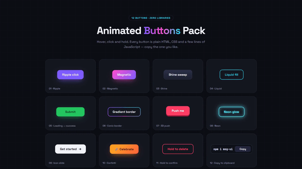 Animated Buttons Pack — 12 Hover & Click Effects — preview