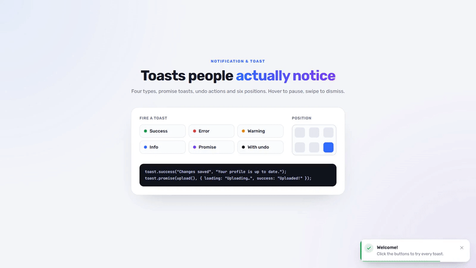 Toast Notifications with Promise, Undo & Swipe — preview