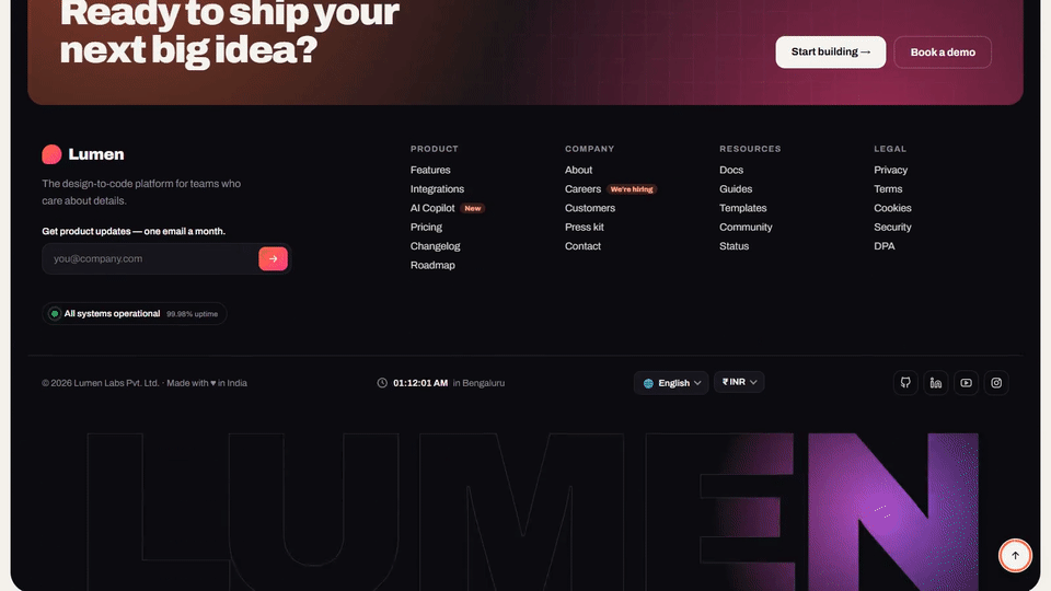 Mega Footer with CTA, Sitemap, Locale & Live Status — preview