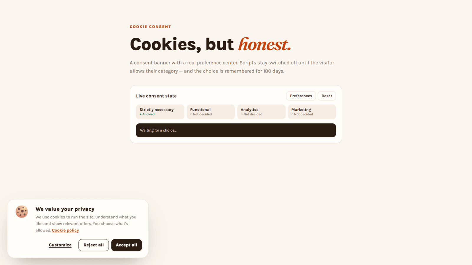 Cookie Consent Banner with Preference Center — preview