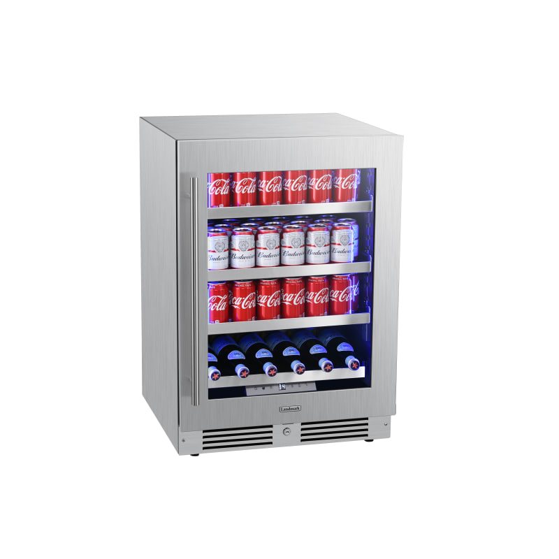 Landmark L3024UI1B-LH 24 inch Wide 147 Can Capacity Beverage Cooler with Alternating (Blue White Amber) LED Lighting Door Alarm Touch Control