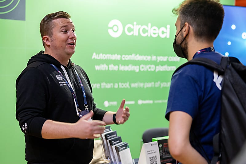 Conversation in the sponsor hall of LeadDev in 2022