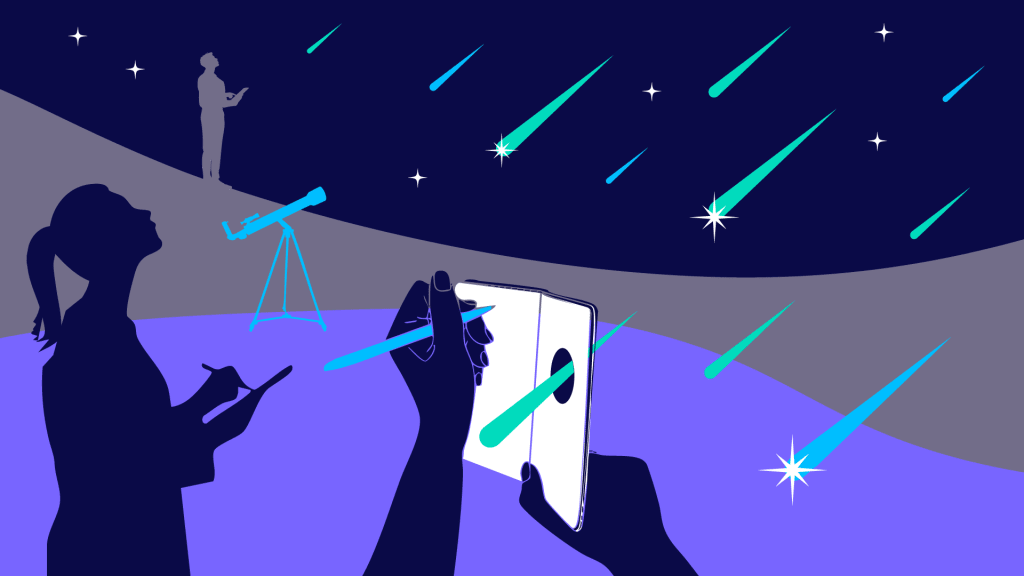 Illustrated graphic depicting two human silhouettes and a pair of hands against a layered night sky backdrop in navy, purple, and grey. In the foreground, a dark silhouette of a woman takes notes while looking upward, and a pair of hands holds a tablet or book with a glowing teal comet passing through it. In the mid-ground, a lighter silhouette of a person stands beside a telescope. The night sky is scattered with shooting stars and twinkling starbursts in teal and cyan, suggesting observation, discovery, and the intersection of technology with human curiosity.