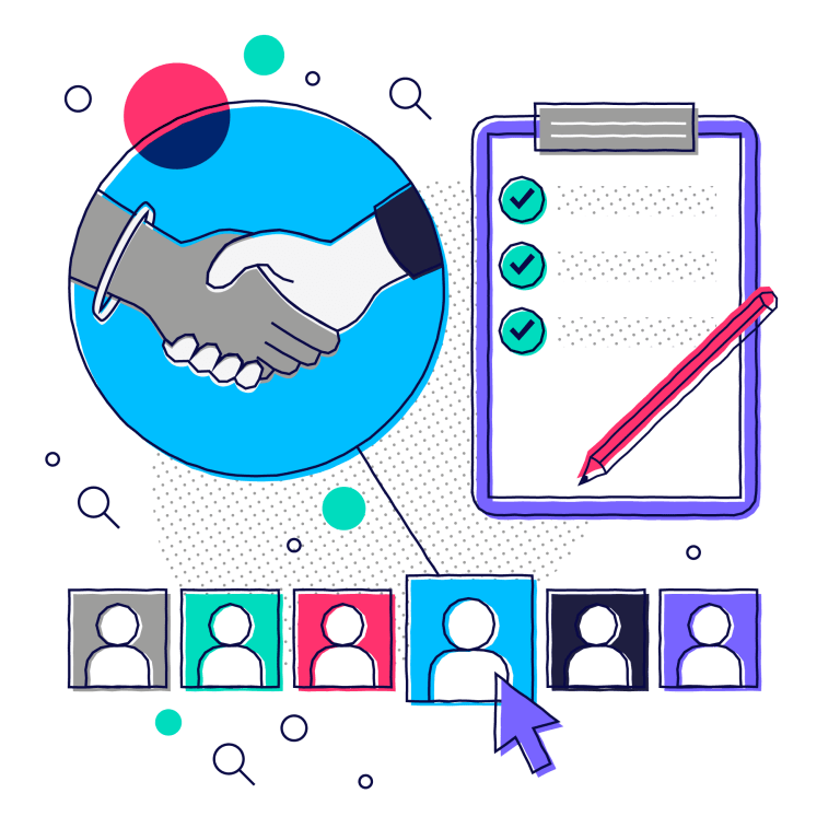 Illustration of hand shake and clipboard