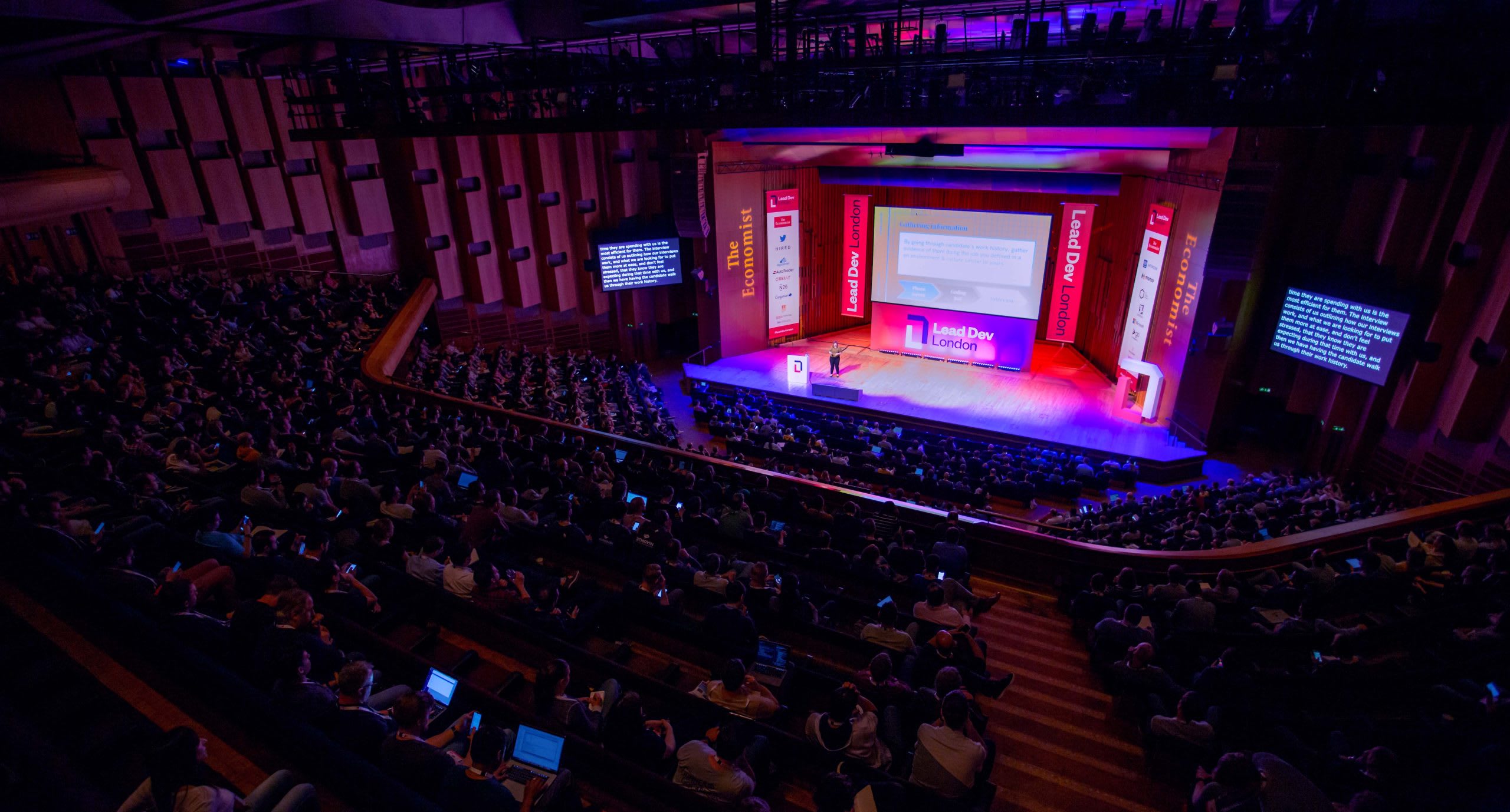 A photo of the LeadDev stage at the Barbican taken from high up