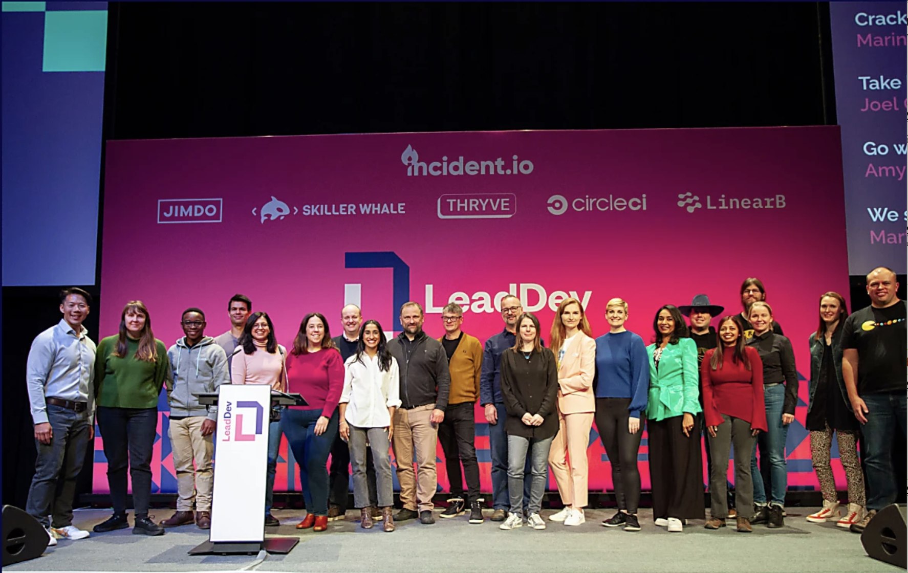 All the LeadDev Berlin 2023 speakers stand on stage together