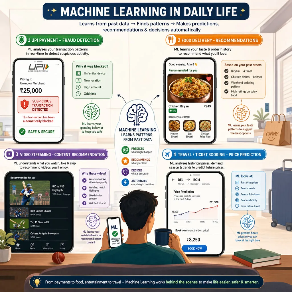 Machine learning everyday examples in India like UPI fraud detection and Swiggy