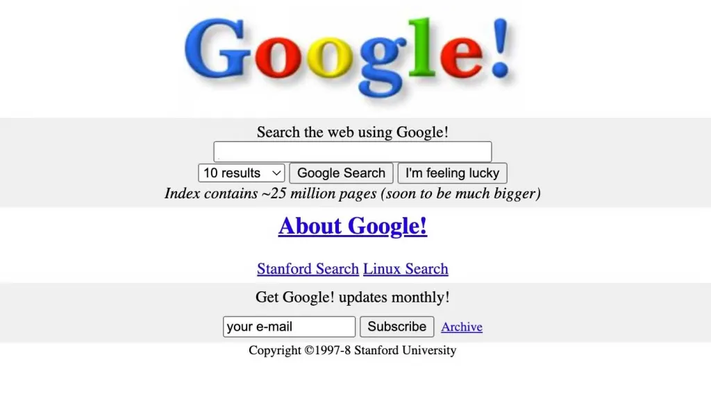 First webpage of google in 1998
