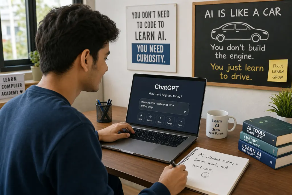 Beginner learning AI without coding on a laptop using ChatGPT