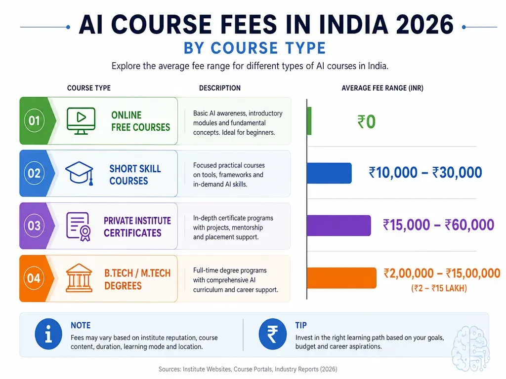 AI course fees in India 2026 comparison chart by course type