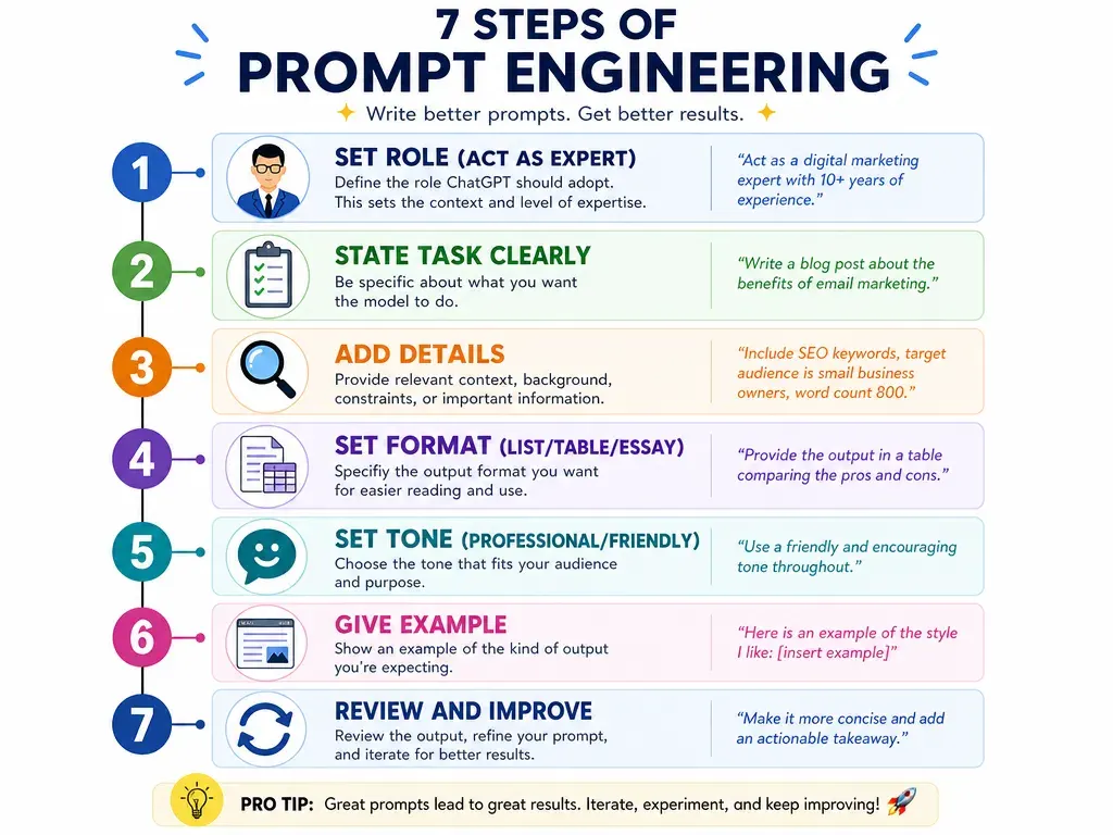 7 steps of prompt engineering for beginners infographic