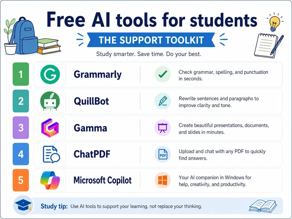 Free AI tools for students - Grammarly QuillBot Gamma ChatPDF Copilot