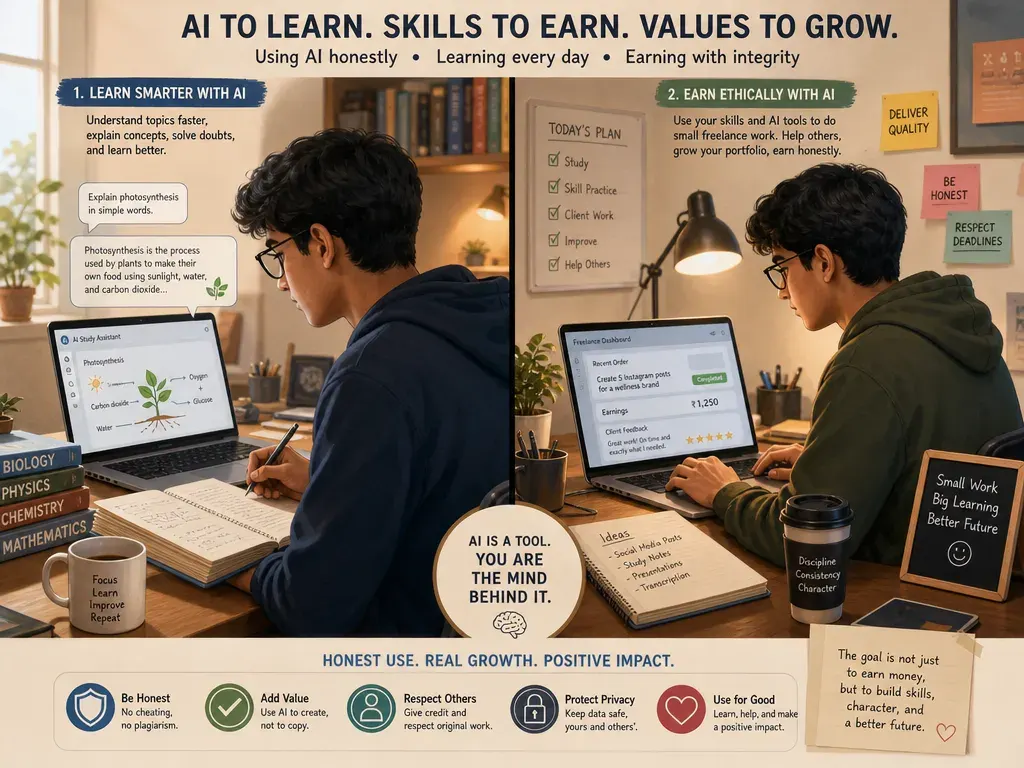 Student using AI tools honestly for study and small earning