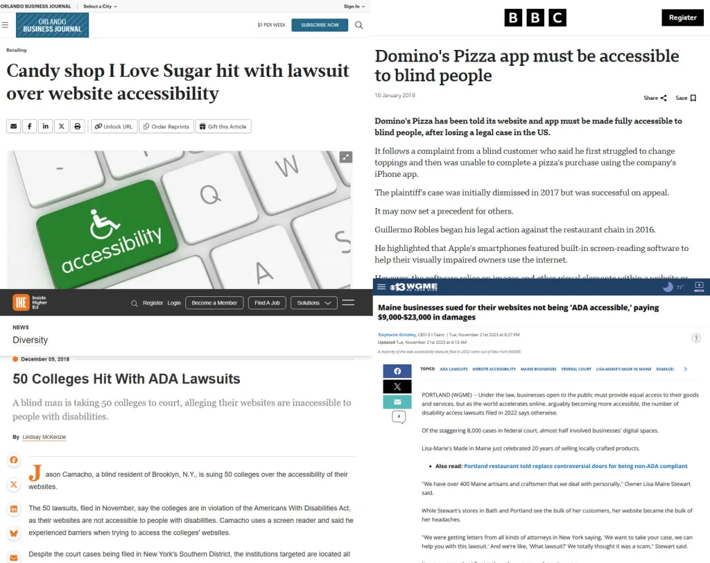 Screenshots of news headlines about accessibility lawsuits