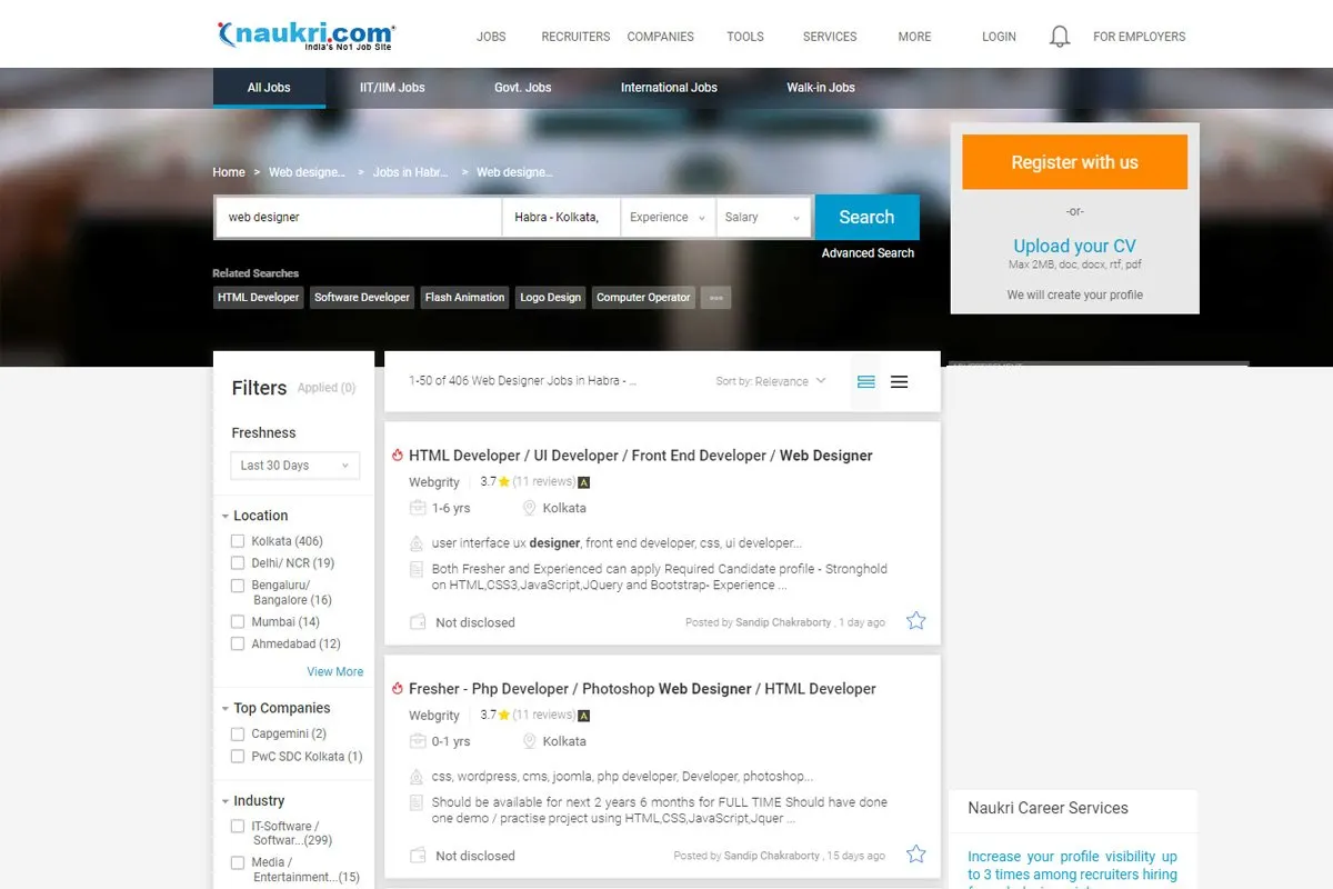 Screenshot of naukri Jobs site