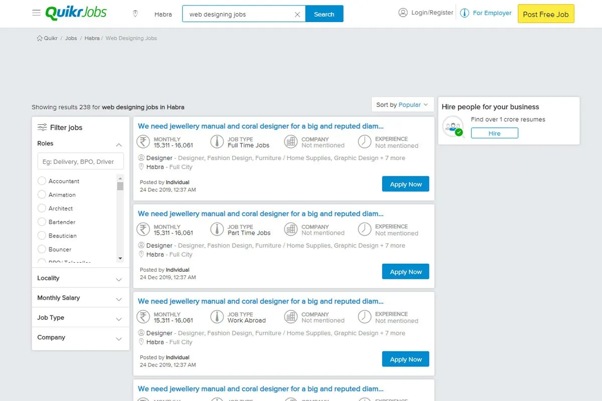 Screenshot of Quikr Jobs site