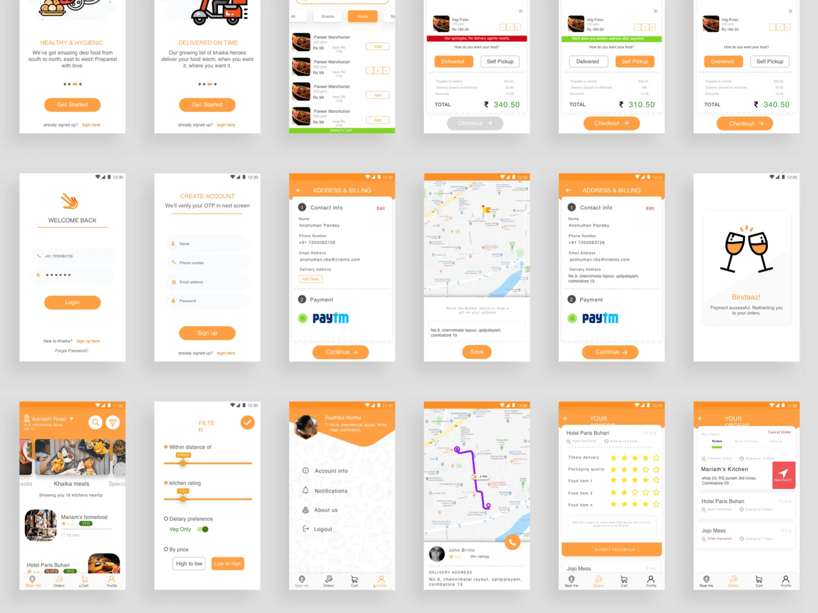 Mobile wireframe sketch of a food delivery app