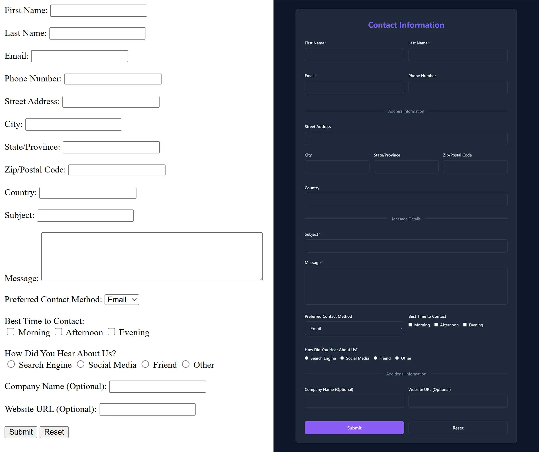 Example of poorly labeled and well designed form