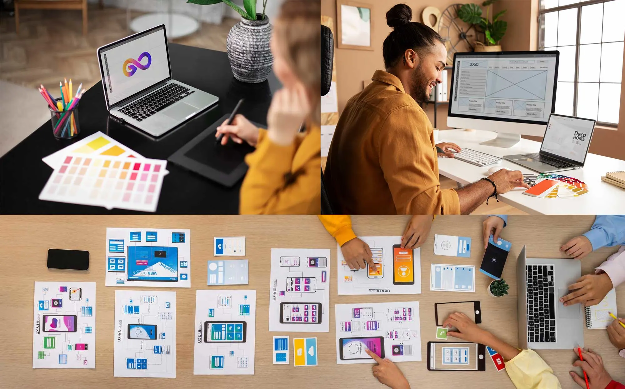 Collage of various design work - logos, websites, app interfaces