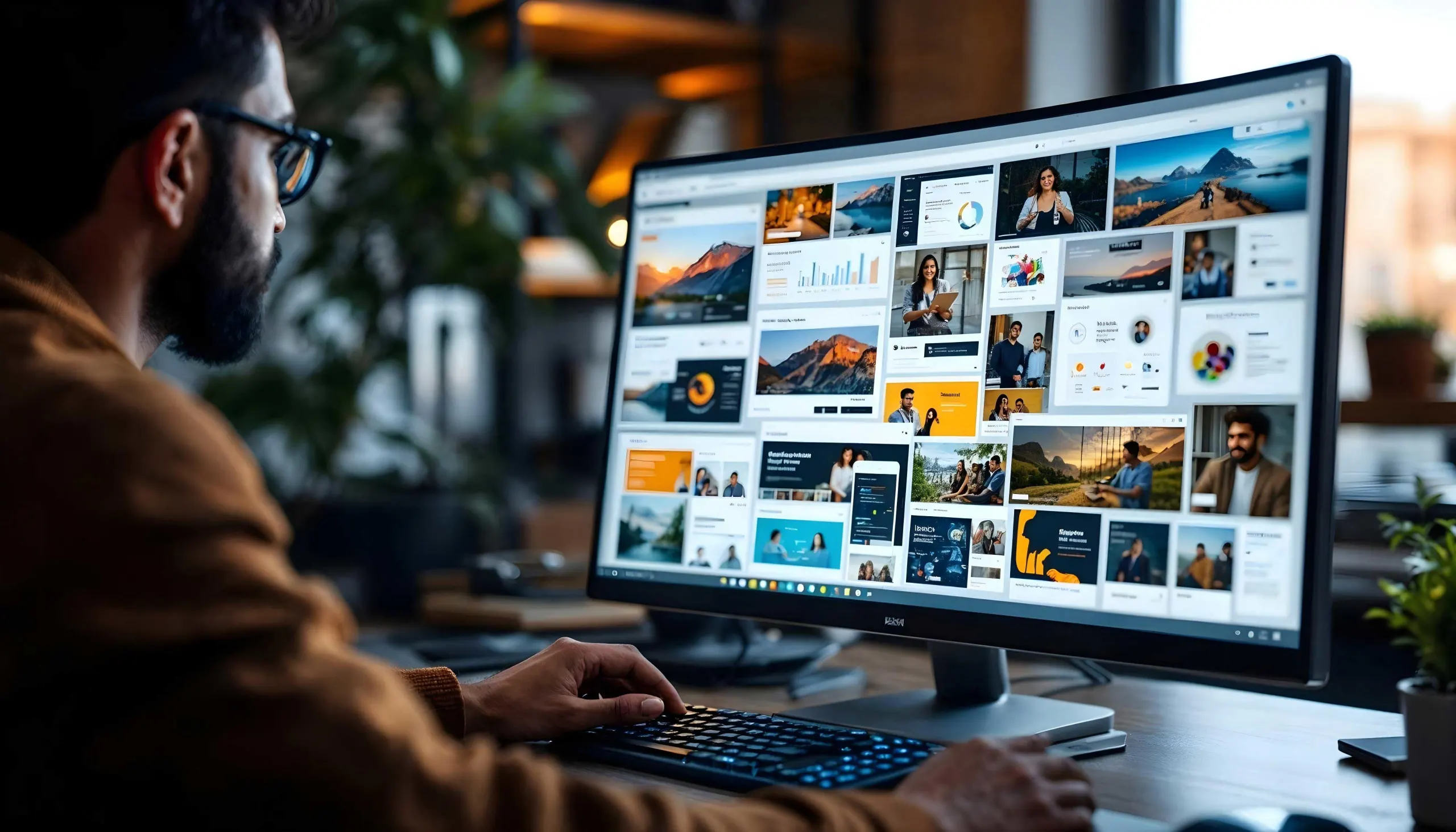 A professional looking at multiple portfolio examples, with attention focused on one that stands out