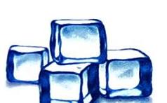 Four blue, translucent ice cubes are clustered together on a white background.