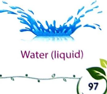 A blue water splash is shown above the text 'Water (liquid)'. Below, a decorative line with green dots and a partial circle containing the number 97 and green leaves are visible.